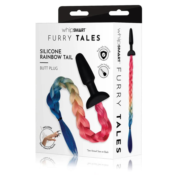 WhipSmart Furry Tales Silicone Rainbow Tail retail box showing the braid and black plug