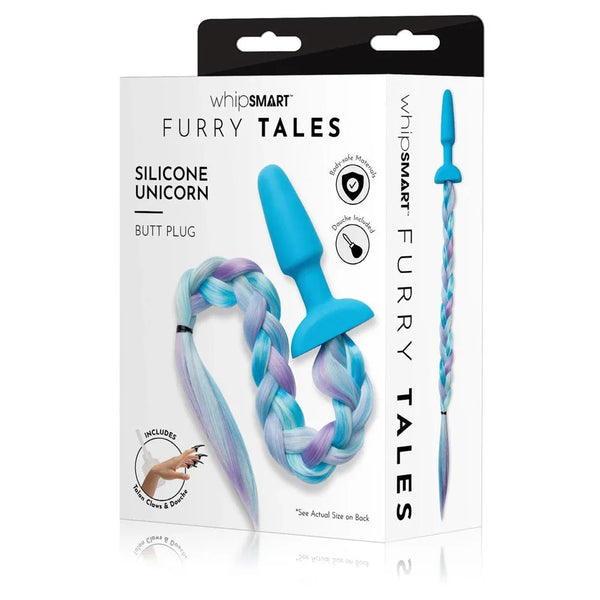 WhipSmart Furry Tales Silicone Unicorn butt plug box showing the blue plug and braid