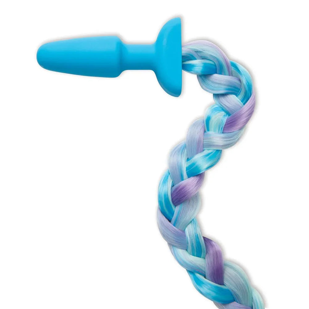 Blue silicone plug with the unicorn braid curving away, showing the flared base