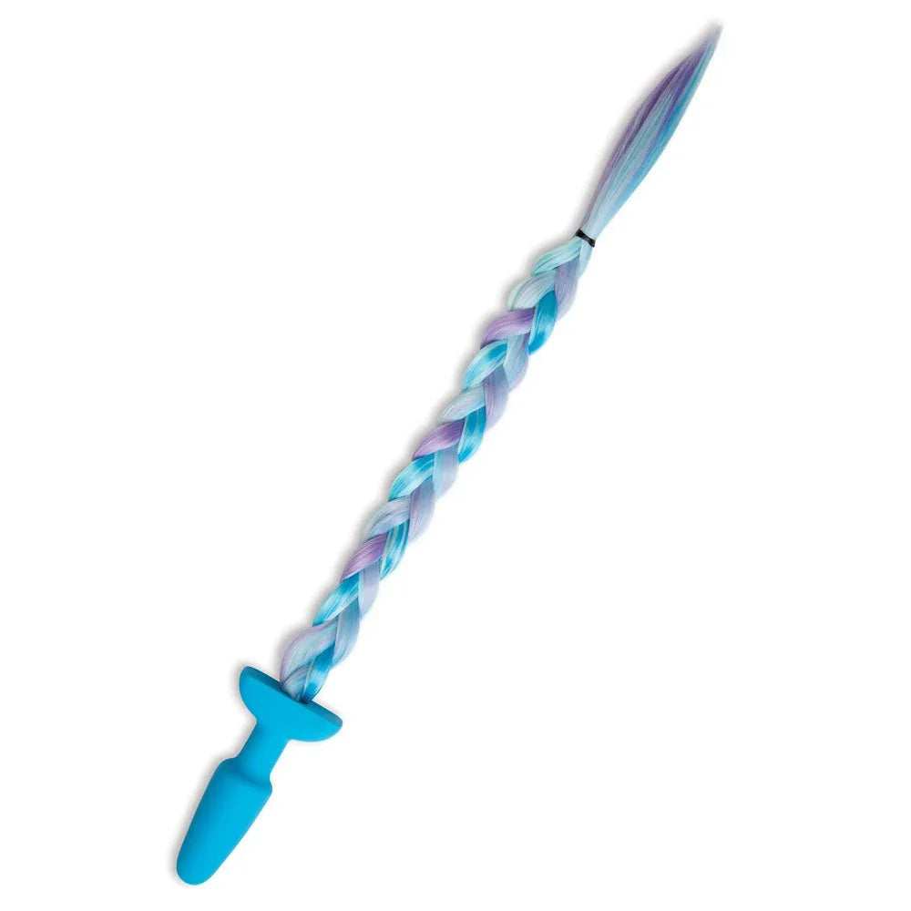 Blue and lilac braided unicorn tail hanging straight from its blue silicone plug