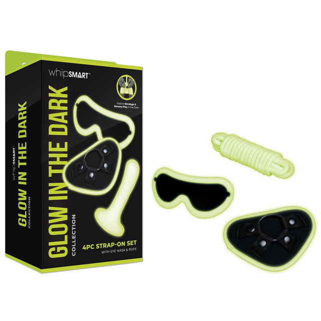 Buy WhipSmart Glow In The Dark 4pc Strap - On Set - Glow in Dark 15.2 cm Strap - On with Eye Mask & Rope – Naughtyhut NZ sex toys online. Discreet delivery & top brands.