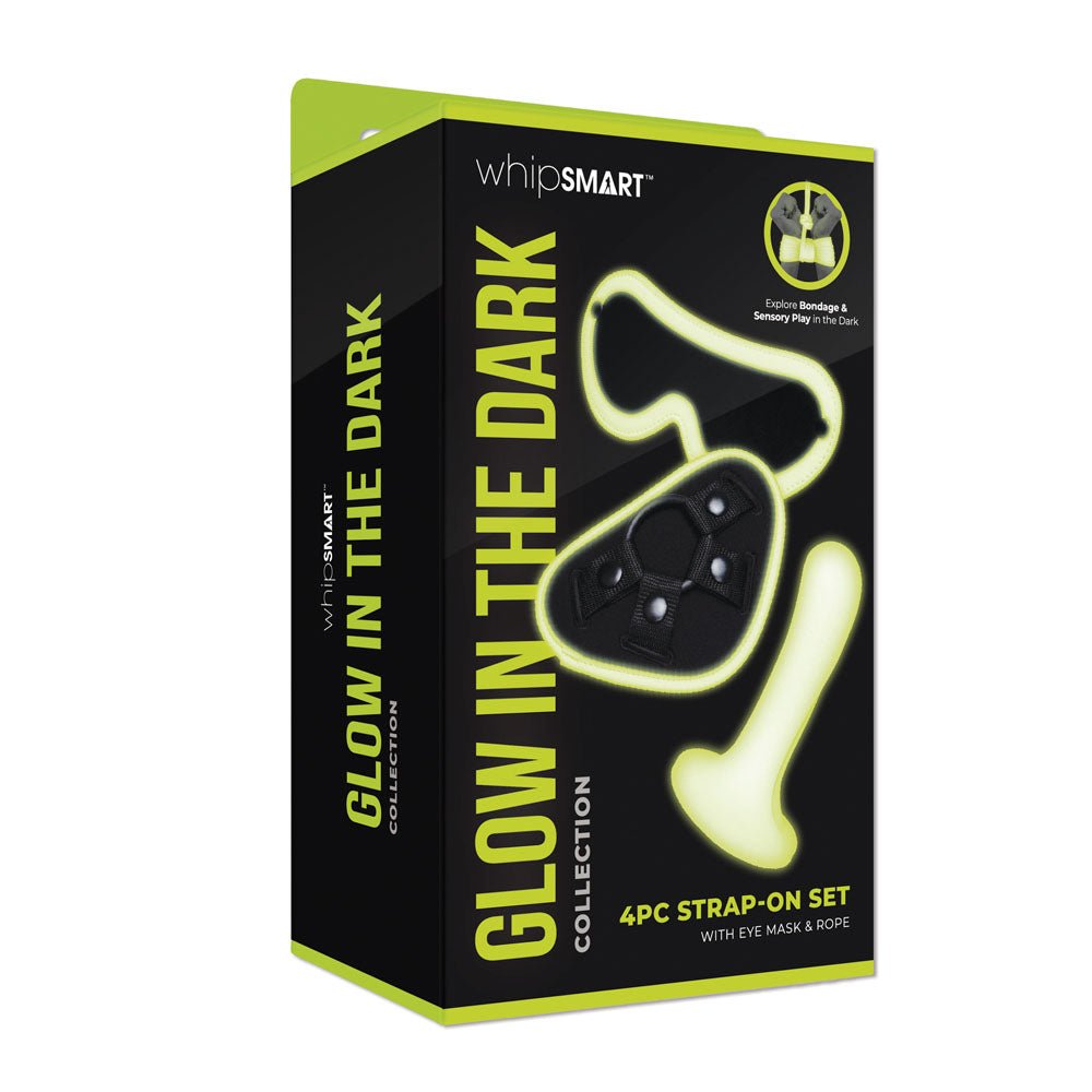Buy WhipSmart Glow In The Dark 4pc Strap - On Set - Glow in Dark 15.2 cm Strap - On with Eye Mask & Rope – Naughtyhut NZ sex toys online. Discreet delivery & top brands.