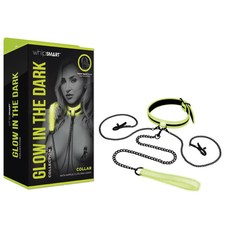 Buy WhipSmart Glow In The Dark Collar with Nipple Clips & Leash - Glow in Dark Restraint – Naughtyhut NZ sex toys online. Discreet delivery & top brands.