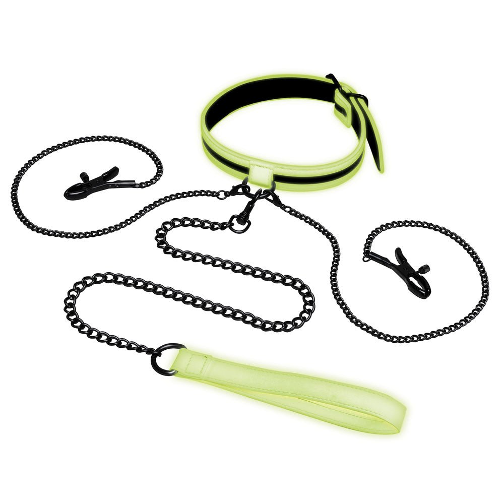 Buy WhipSmart Glow In The Dark Collar with Nipple Clips & Leash - Glow in Dark Restraint – Naughtyhut NZ sex toys online. Discreet delivery & top brands.