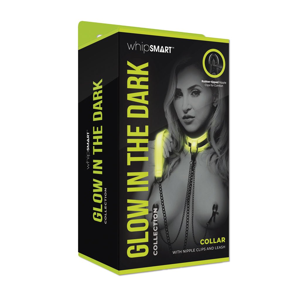 Buy WhipSmart Glow In The Dark Collar with Nipple Clips & Leash - Glow in Dark Restraint – Naughtyhut NZ sex toys online. Discreet delivery & top brands.