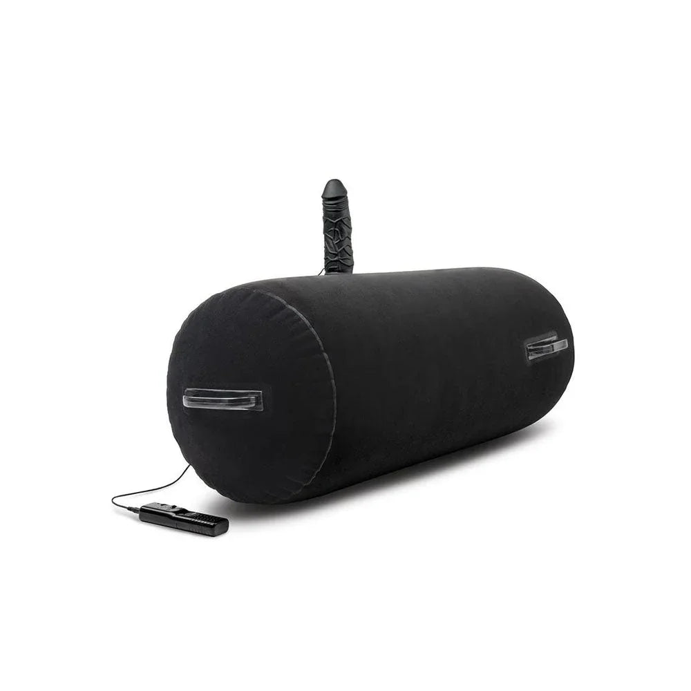 Inflated black bolster on white with the dildo mounted on top and the remote trailing