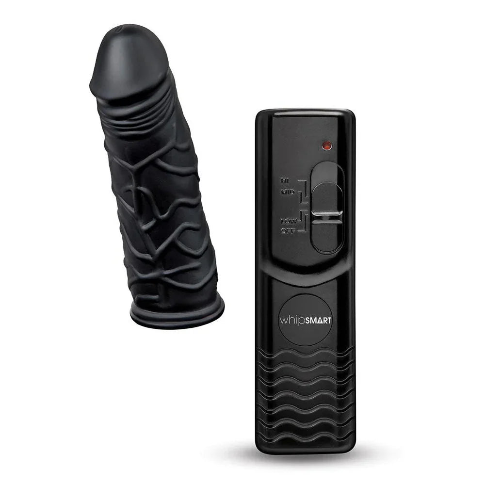 The 6 inch black vibrating dildo and its wired remote shown separately on white