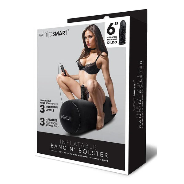 WhipSmart Inflatable Bangin' Bolster retail box, model straddling the inflated bolster