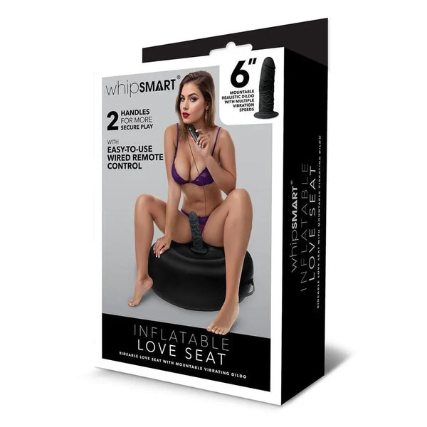 WhipSmart Inflatable Love Seat retail box, model crouched on the round cushion