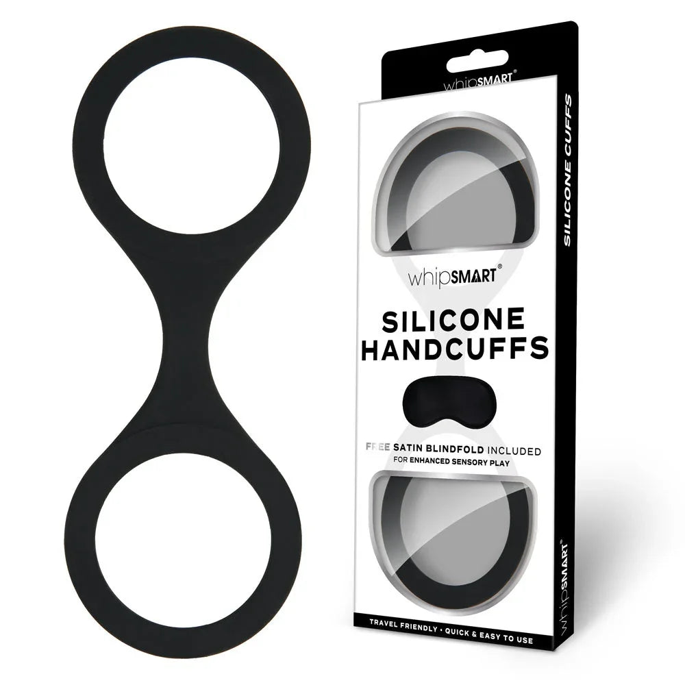 WhipSmart Silicone Handcuffs in Black beside their Silicone Handcuffs blister pack