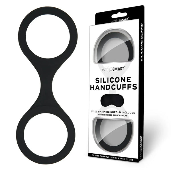 WhipSmart Silicone Handcuffs in Black beside their Silicone Handcuffs blister pack