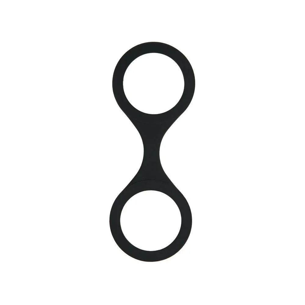 Black silicone handcuffs alone on white, two rings joined by a short bridge
