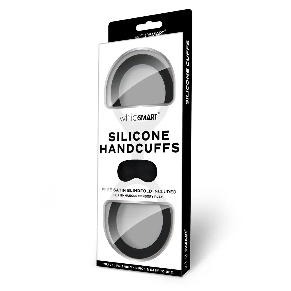 WhipSmart Silicone Handcuffs blister pack alone, noting the free satin blindfold
