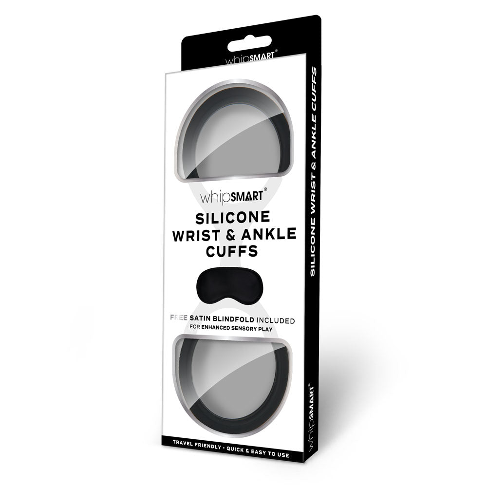Buy WhipSmart Silicone Wrist & Ankle Cuffs - Black - Black Restraints with Bonus Eye Mask – Naughtyhut NZ sex toys online. Discreet delivery & top brands.