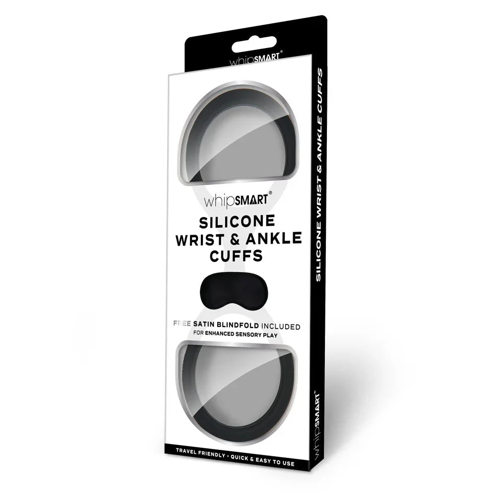 WhipSmart Silicone Wrist and Ankle Cuffs blister pack alone, free satin blindfold noted