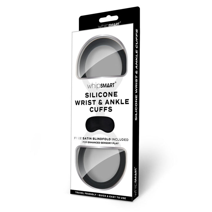 WhipSmart Silicone Wrist & Ankle Cuffs - Black - Black Restraints with Bonus Eye Mask – Sex toys NZ by Naughtyhut. Discreet delivery nationwide.