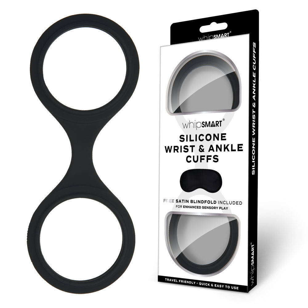 Buy WhipSmart Silicone Wrist & Ankle Cuffs - Black - Black Restraints with Bonus Eye Mask – Naughtyhut NZ sex toys online. Discreet delivery & top brands.