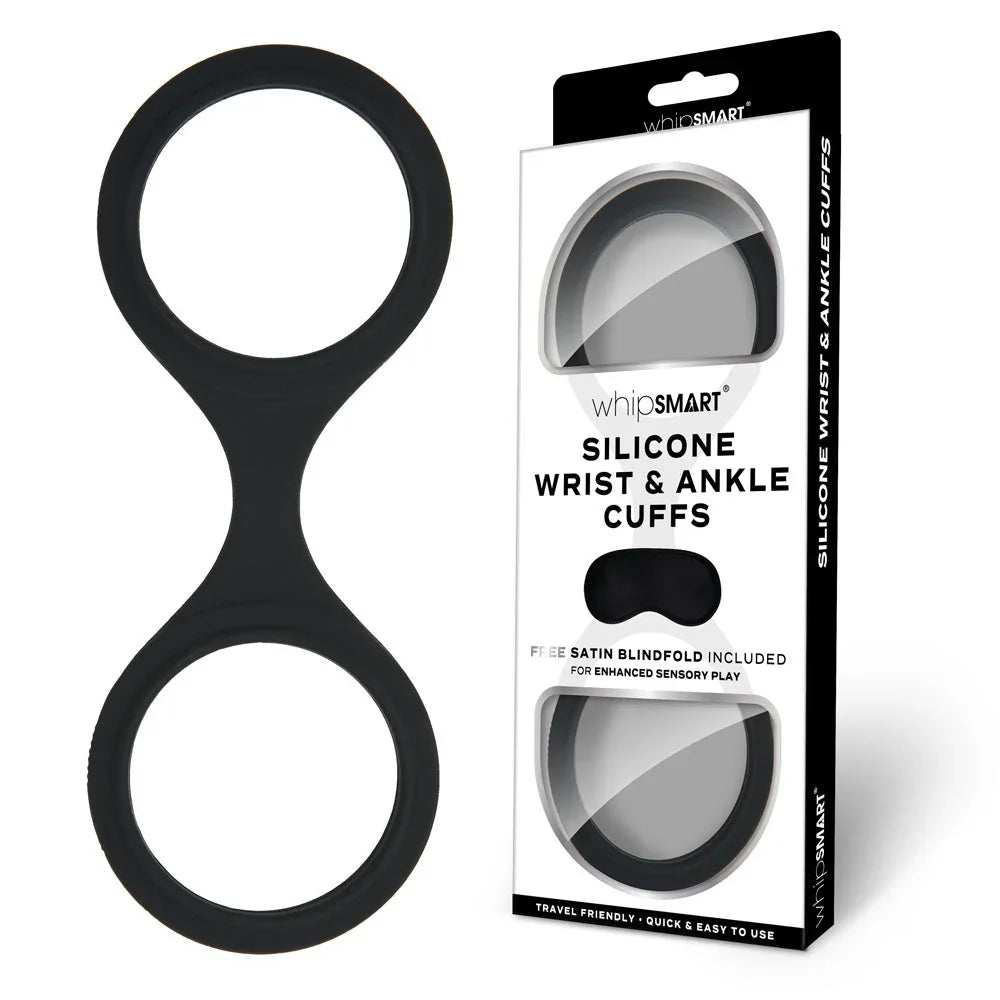 WhipSmart Silicone Wrist and Ankle Cuffs in Black beside their blister pack