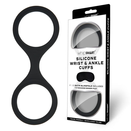 Buy WhipSmart Silicone Wrist & Ankle Cuffs - Black - Black Restraints with Bonus Eye Mask – Naughtyhut NZ sex toys online. Discreet delivery & top brands.