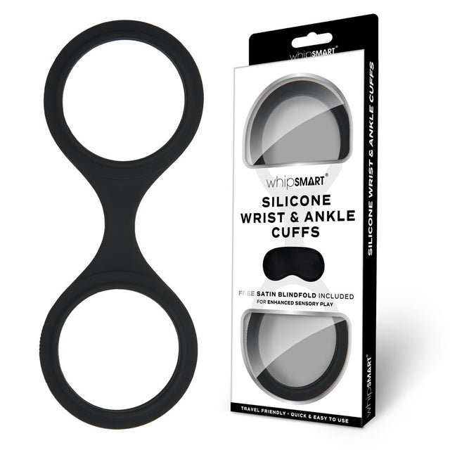 Buy WhipSmart Silicone Wrist & Ankle Cuffs - Black - Black Restraints with Bonus Eye Mask – Naughtyhut NZ sex toys online. Discreet delivery & top brands.