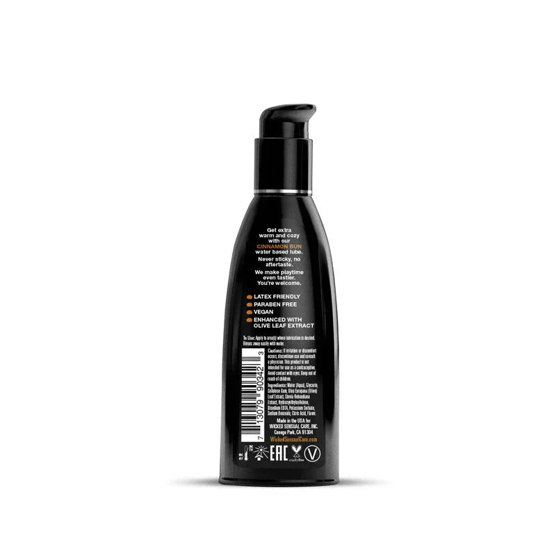 Wicked Aqua Cinnamon Bun 60 ml, back label with claims, ingredients and barcode