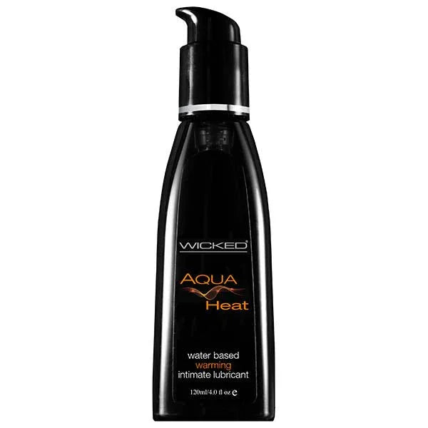 Wicked Aqua Heat 120 ml, black pump bottle with the red warming flame label