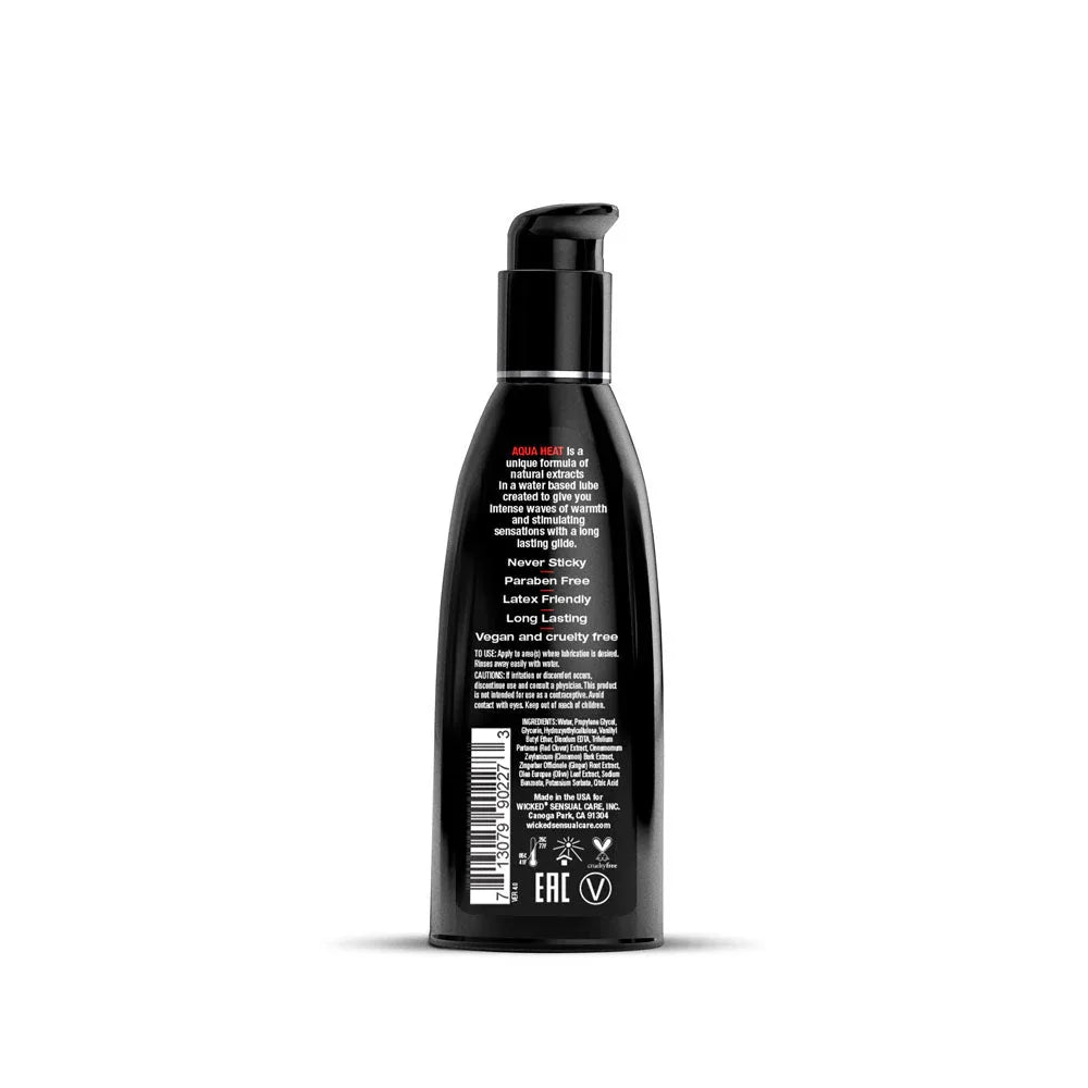 Wicked Aqua Heat 60 ml, back of the bottle showing the claims and ingredient panel