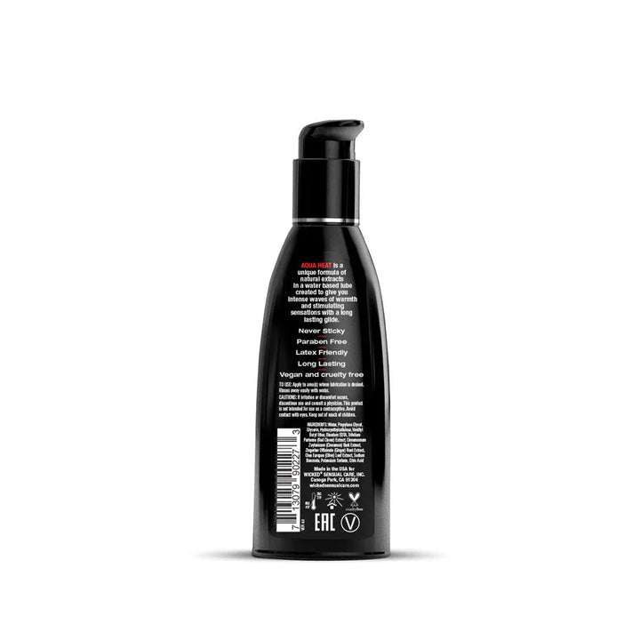 Wicked Aqua Heat 60 ml, back of the bottle showing the claims and ingredient panel