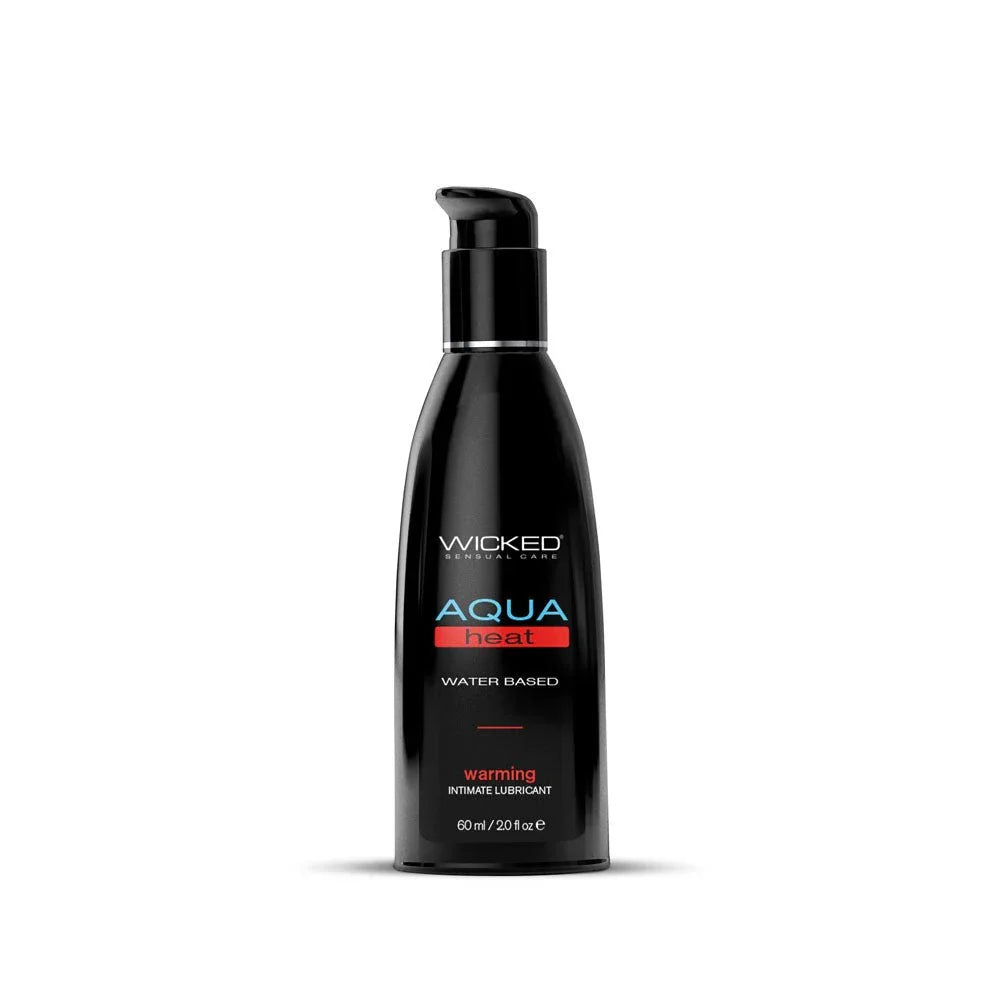 Wicked Aqua Heat 60 ml, front of the black pump bottle with the red warming label