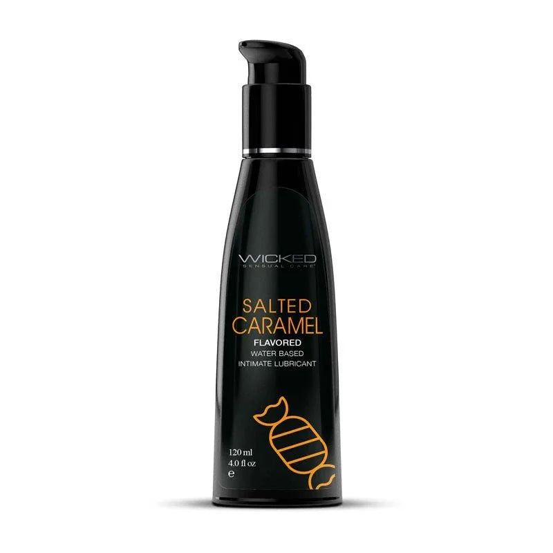 Wicked Aqua Salted Caramel 120 ml, black pump bottle with the gold sweet-wrapper label