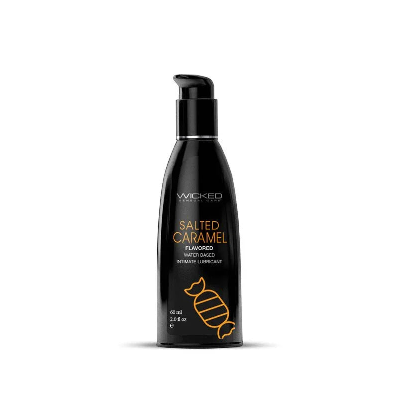 Wicked Aqua Salted Caramel 60 ml, black pump bottle with the gold sweet-wrapper label