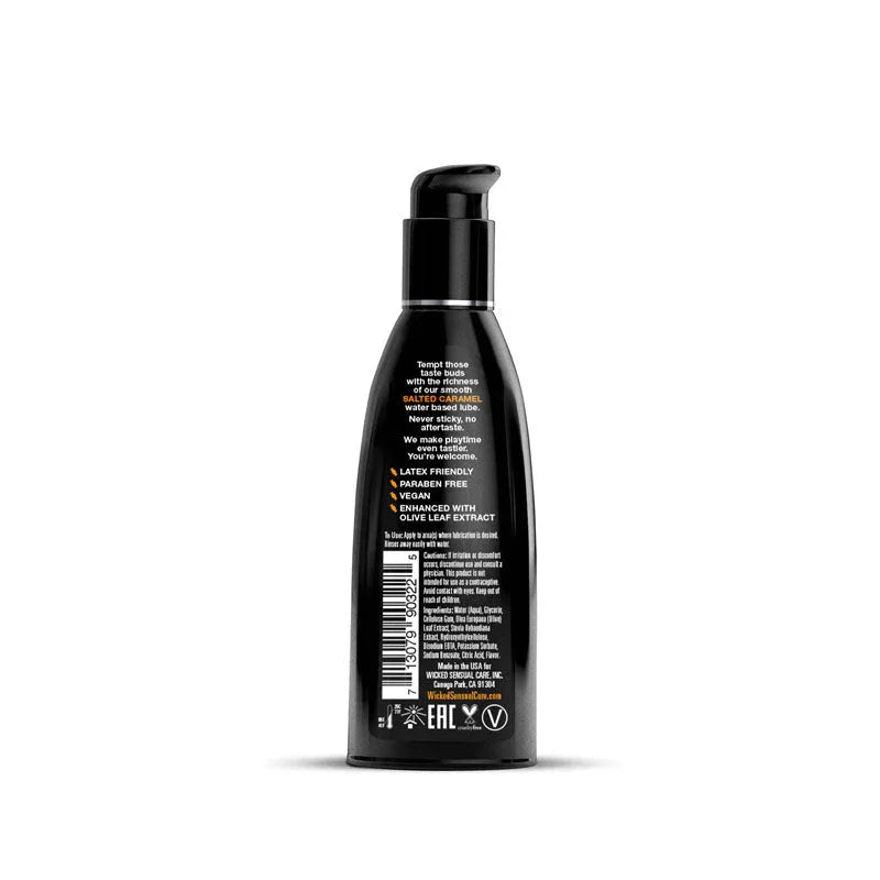 Wicked Aqua Salted Caramel 60 ml, back label with claims, ingredients and barcode