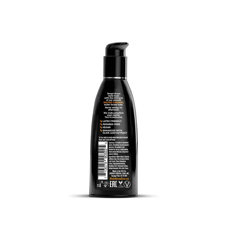 Wicked Aqua Salted Caramel 60 ml, back label with claims, ingredients and barcode