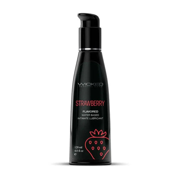 Wicked Aqua Strawberry 120 ml, black pump bottle with the red strawberry label