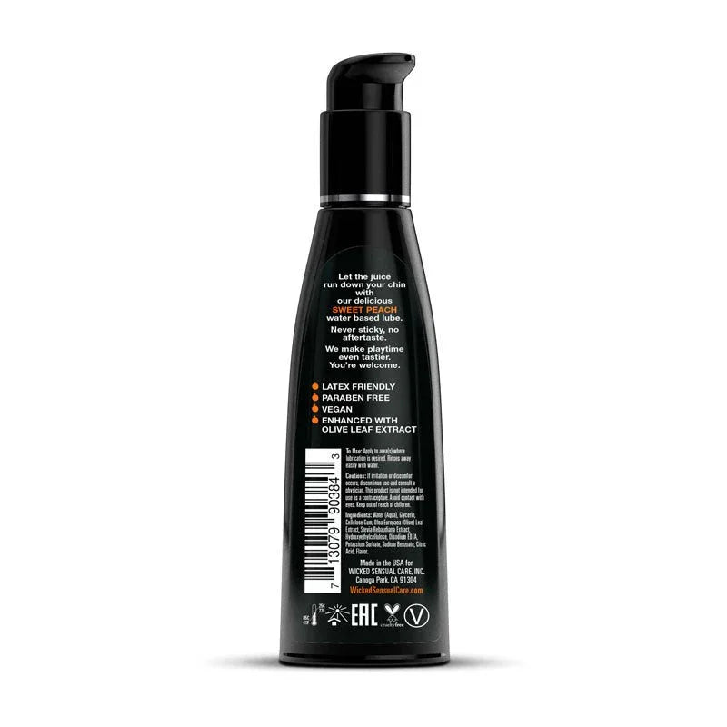 Wicked Aqua Sweet Peach 120 ml, back label with claims, ingredients and barcode