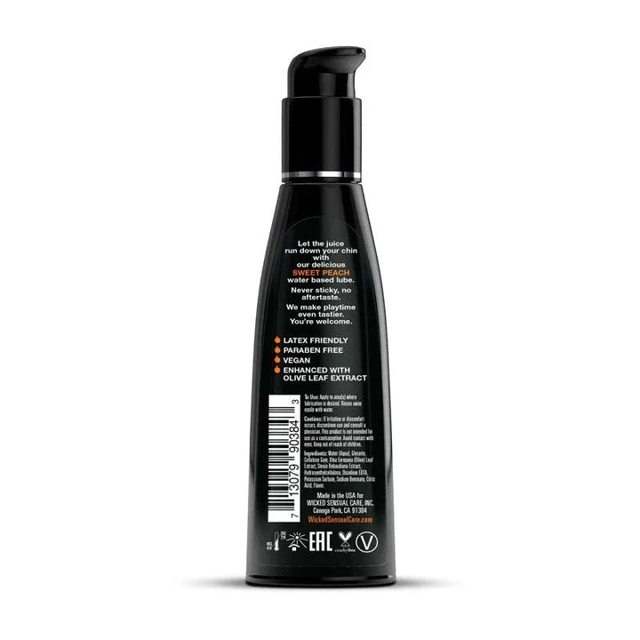 Wicked Aqua Sweet Peach 120 ml, back label with claims, ingredients and barcode