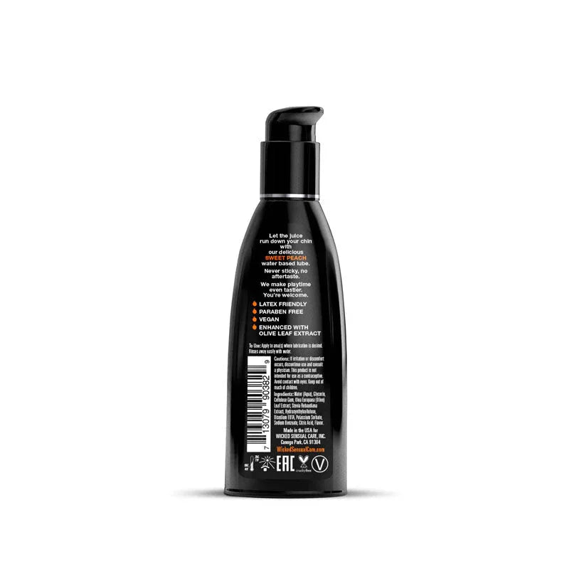 Wicked Aqua Sweet Peach 60 ml, back label with claims, ingredients and barcode