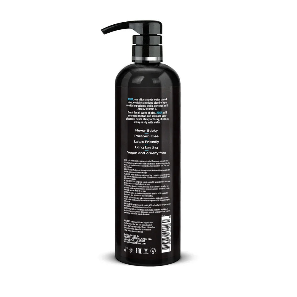 Wicked Aqua 476 ml, back of the bottle with claims and the full ingredient list