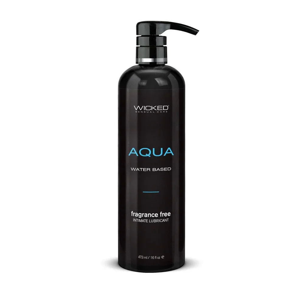 Wicked Aqua 476 ml, tall black bottle with a long-neck pump, fragrance free label
