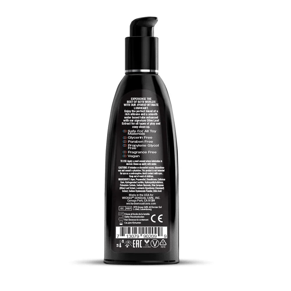 Wicked Hybrid 240 ml, back of the bottle with the claims checklist and ingredients
