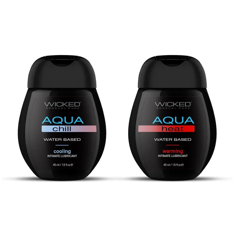 Wicked Sensation Kit, the Aqua Chill and Aqua Heat 45 ml flat bottles, front labels