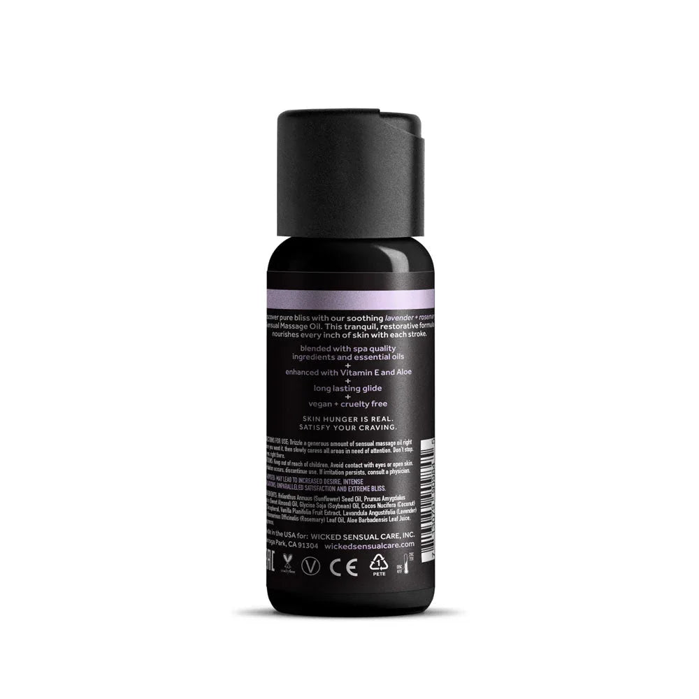 Wicked Lavender + Rosemary Massage Oil 120 ml, back label with ingredients