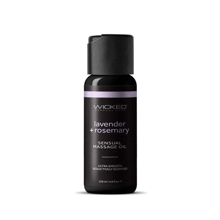 Wicked Lavender + Rosemary Massage Oil 120 ml, black flip-cap bottle, front label