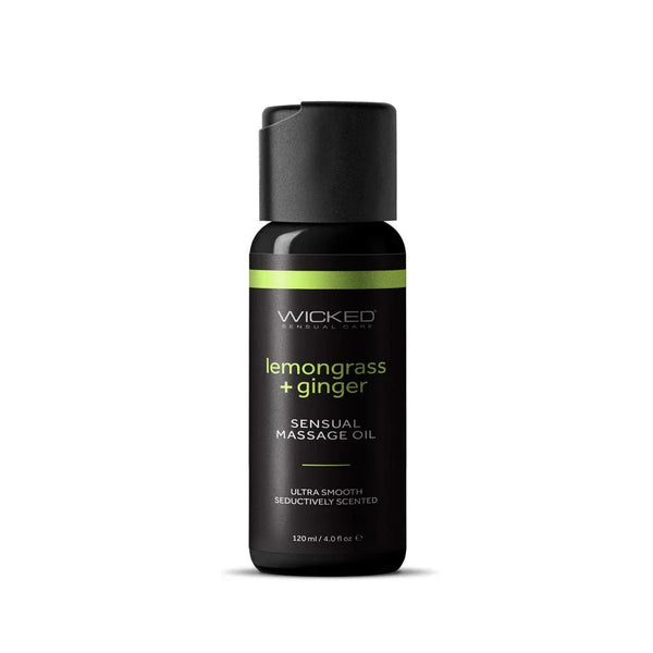 Wicked Lemongrass + Ginger Massage Oil 120 ml, black flip-cap bottle with green band