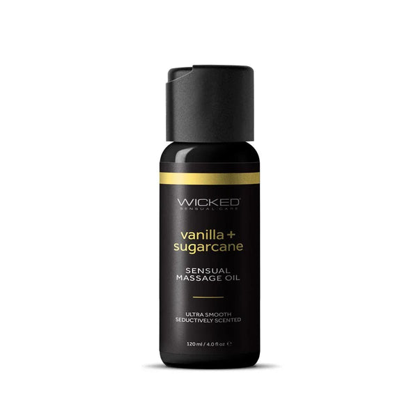 Wicked Vanilla + Sugarcane Massage Oil 120 ml, black flip-cap bottle, front label