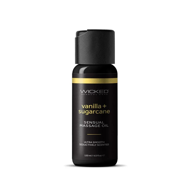 Wicked Vanilla + Sugarcane Massage Oil 120 ml, black flip-cap bottle, front label