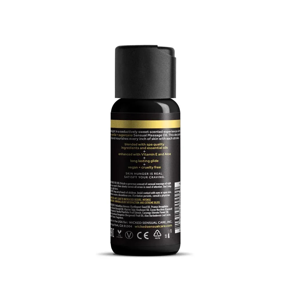 Wicked Vanilla + Sugarcane Massage Oil 120 ml, back label with ingredients