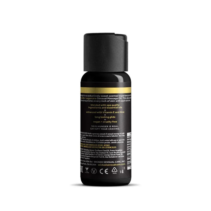 Wicked Vanilla + Sugarcane Massage Oil 120 ml, back label with ingredients