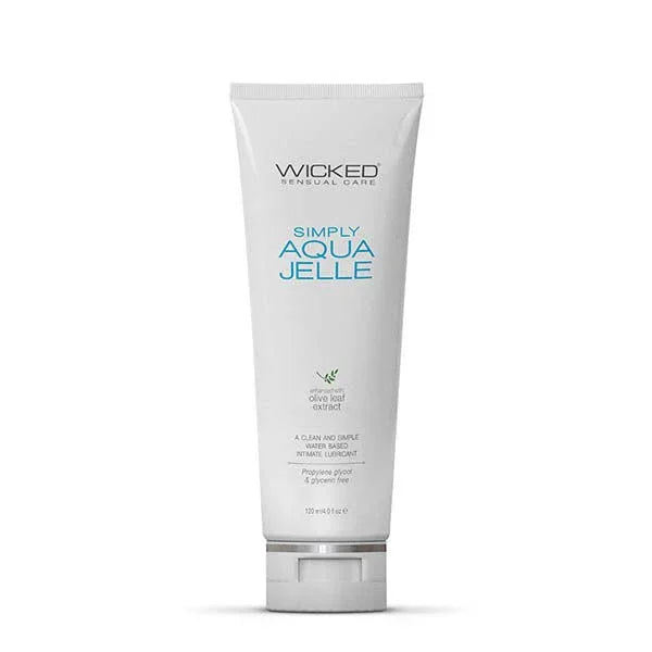 Wicked Simply Aqua Jelle 120 ml, white squeeze tube standing on its cap, on white