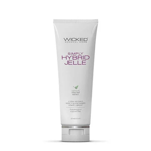 Wicked Simply Hybrid Jelle 120 ml, white squeeze tube standing on its cap, on white